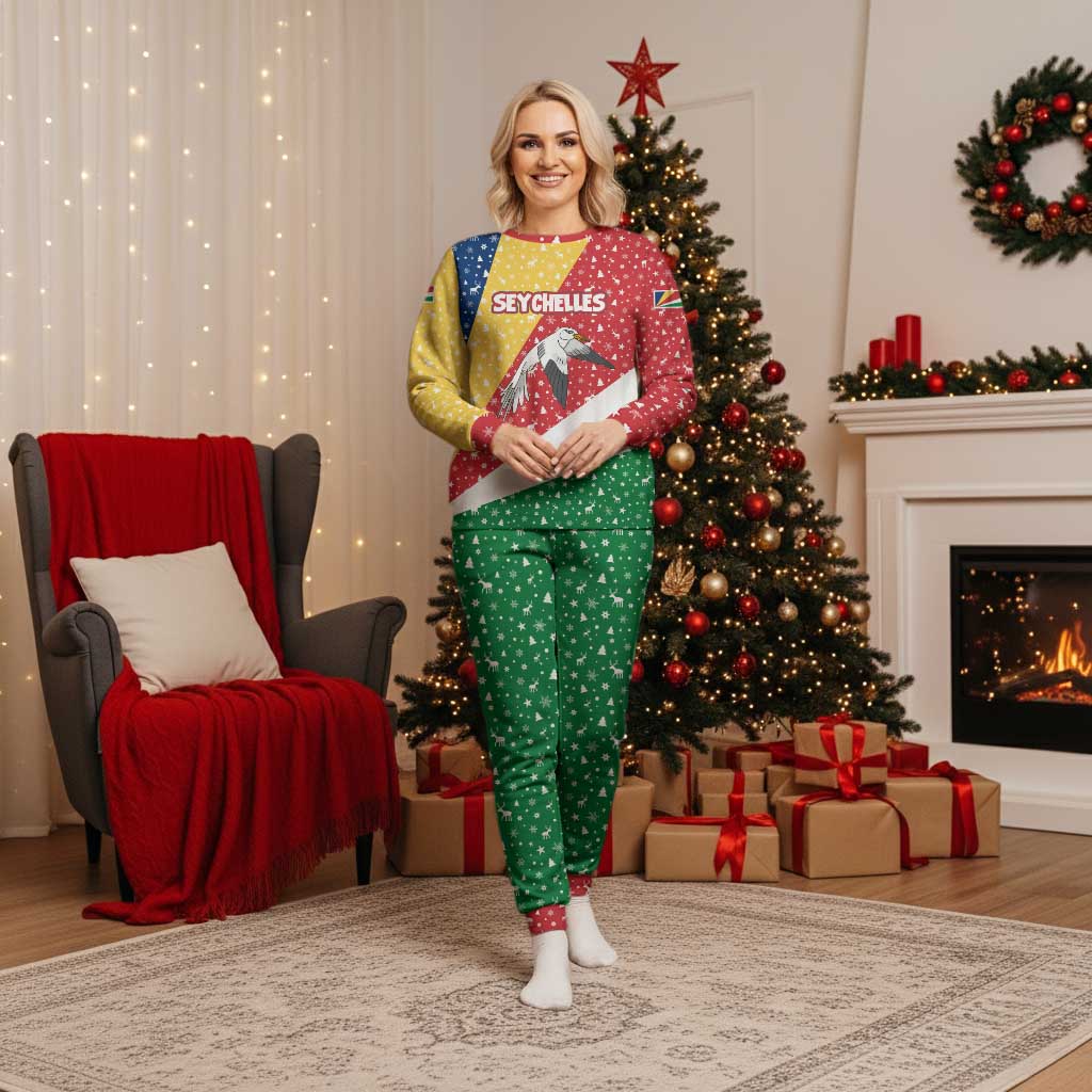Seychelles Christmas Pajama Set with Flag Colors Pattern, Tropical Bird Motif, and National Coat of Arms - Wonder Print Shop