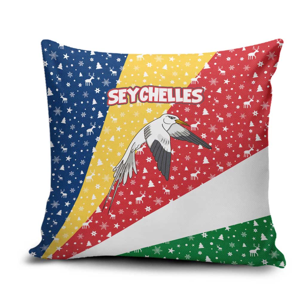 Seychelles Christmas Pillow Cover with Flag Colors Pattern, Tropical Bird Motif, and National Coat of Arms - Wonder Print Shop