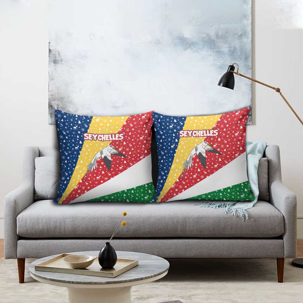 Seychelles Christmas Pillow Cover with Flag Colors Pattern, Tropical Bird Motif, and National Coat of Arms - Wonder Print Shop