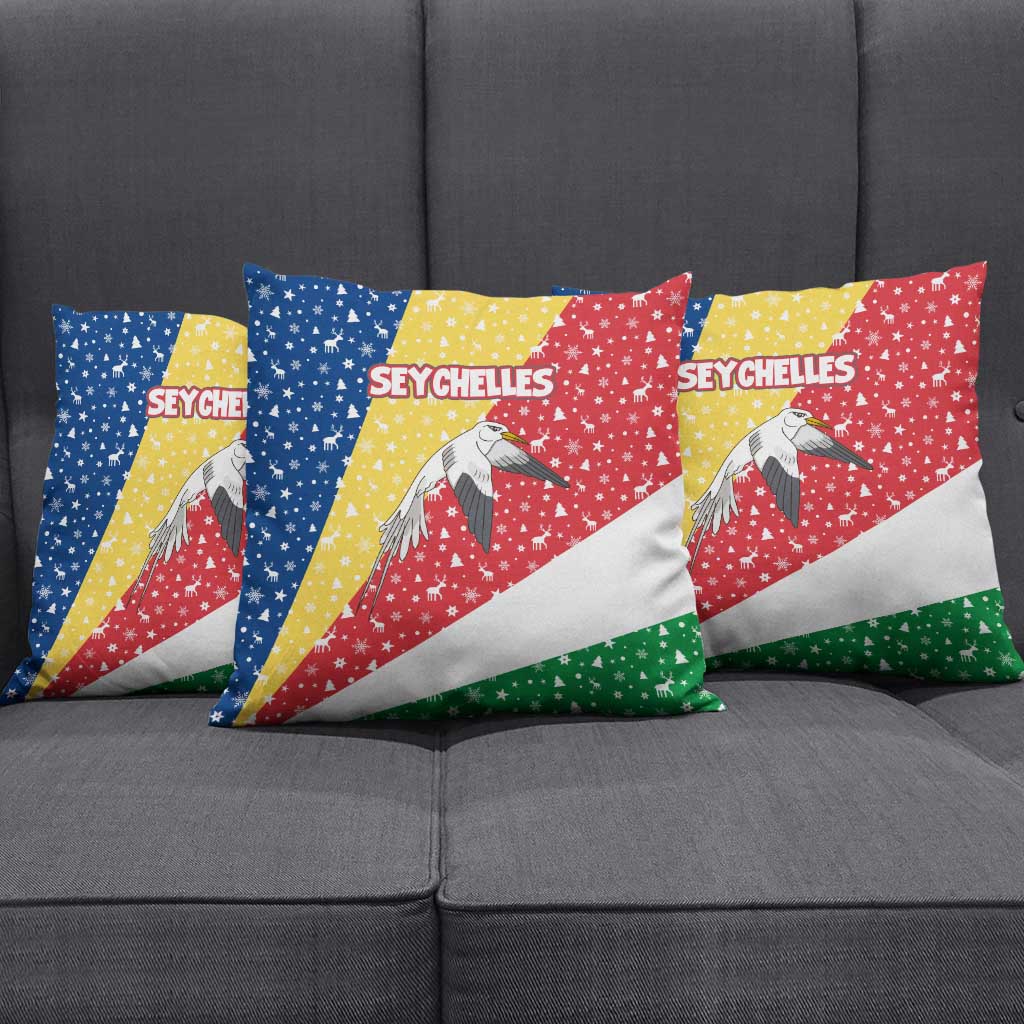 Seychelles Christmas Pillow Cover with Flag Colors Pattern, Tropical Bird Motif, and National Coat of Arms - Wonder Print Shop