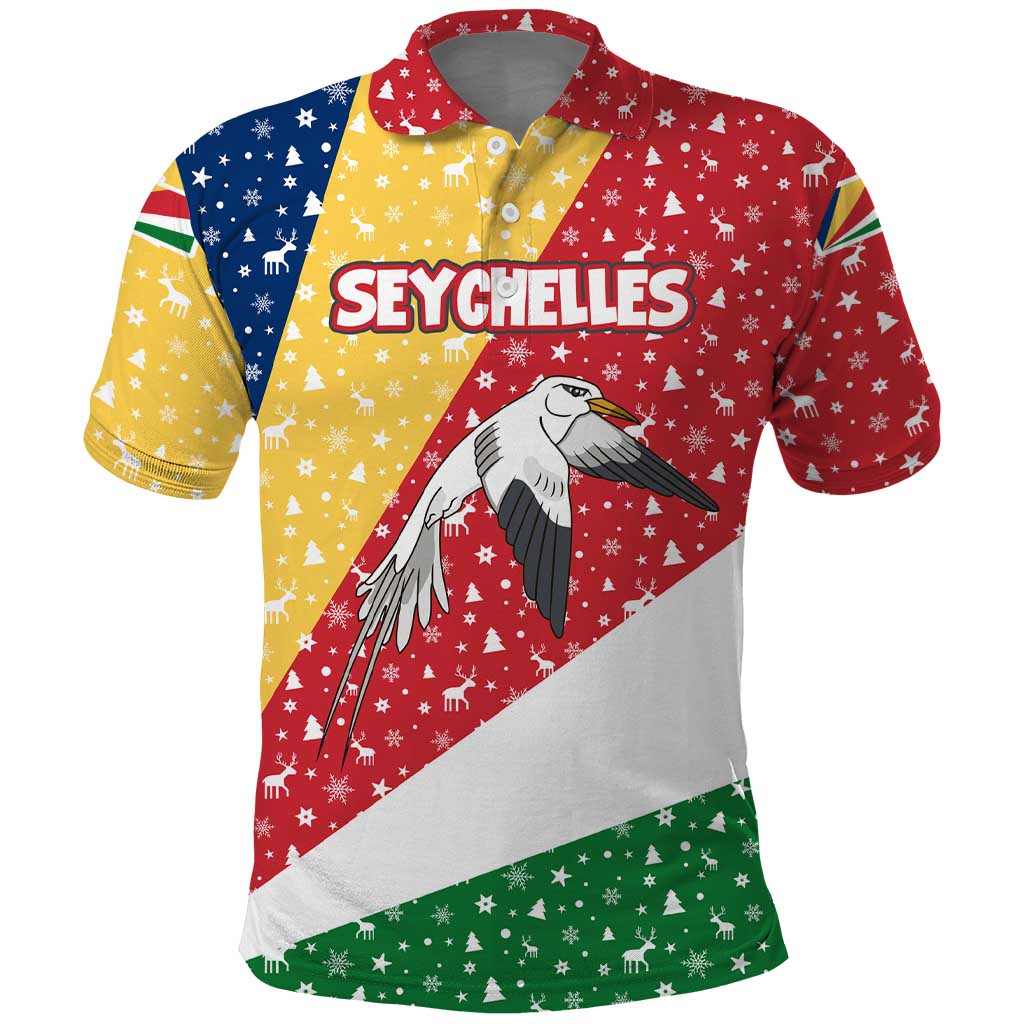 Seychelles Christmas Polo Shirt with Flag Colors Pattern, Tropical Bird Motif, and National Coat of Arms - Wonder Print Shop