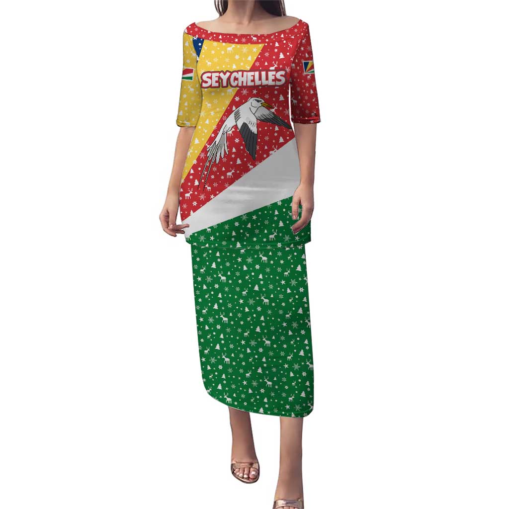 Seychelles Christmas Puletasi with Flag Colors Pattern, Tropical Bird Motif, and National Coat of Arms - Wonder Print Shop