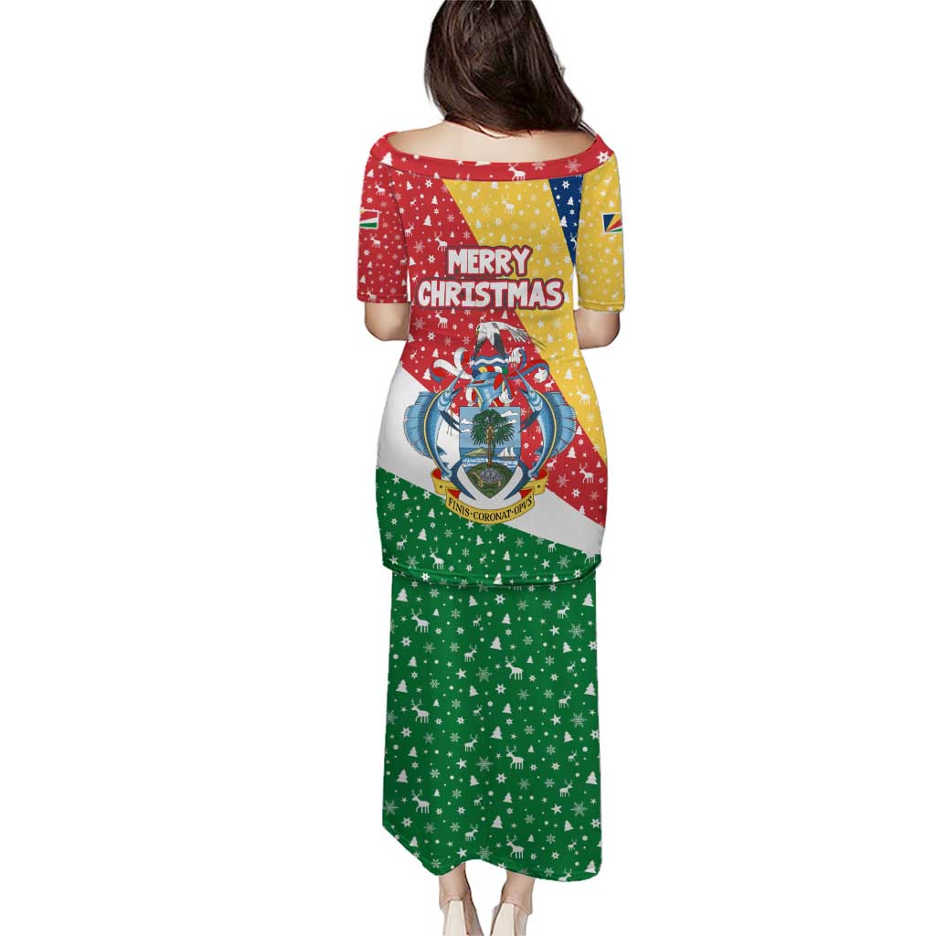 Seychelles Christmas Puletasi with Flag Colors Pattern, Tropical Bird Motif, and National Coat of Arms - Wonder Print Shop