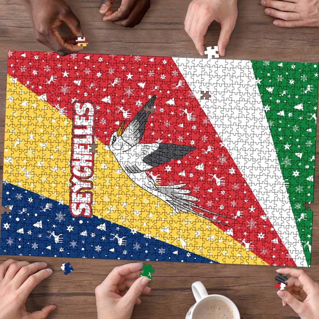 Seychelles Christmas Puzzle with Flag Colors Pattern, Tropical Bird Motif, and National Coat of Arms - Wonder Print Shop