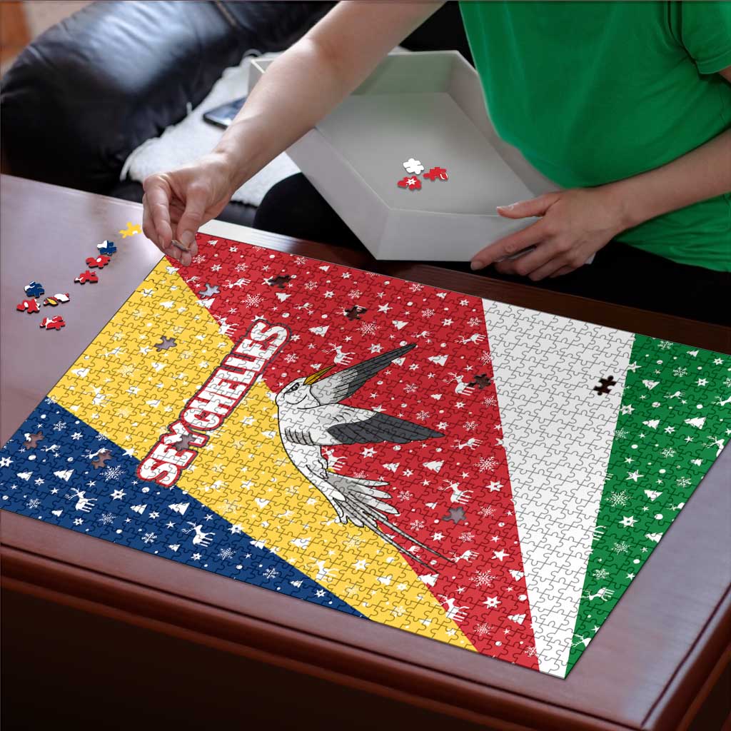 Seychelles Christmas Puzzle with Flag Colors Pattern, Tropical Bird Motif, and National Coat of Arms - Wonder Print Shop