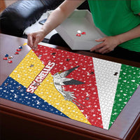 Seychelles Christmas Puzzle with Flag Colors Pattern, Tropical Bird Motif, and National Coat of Arms - Wonder Print Shop