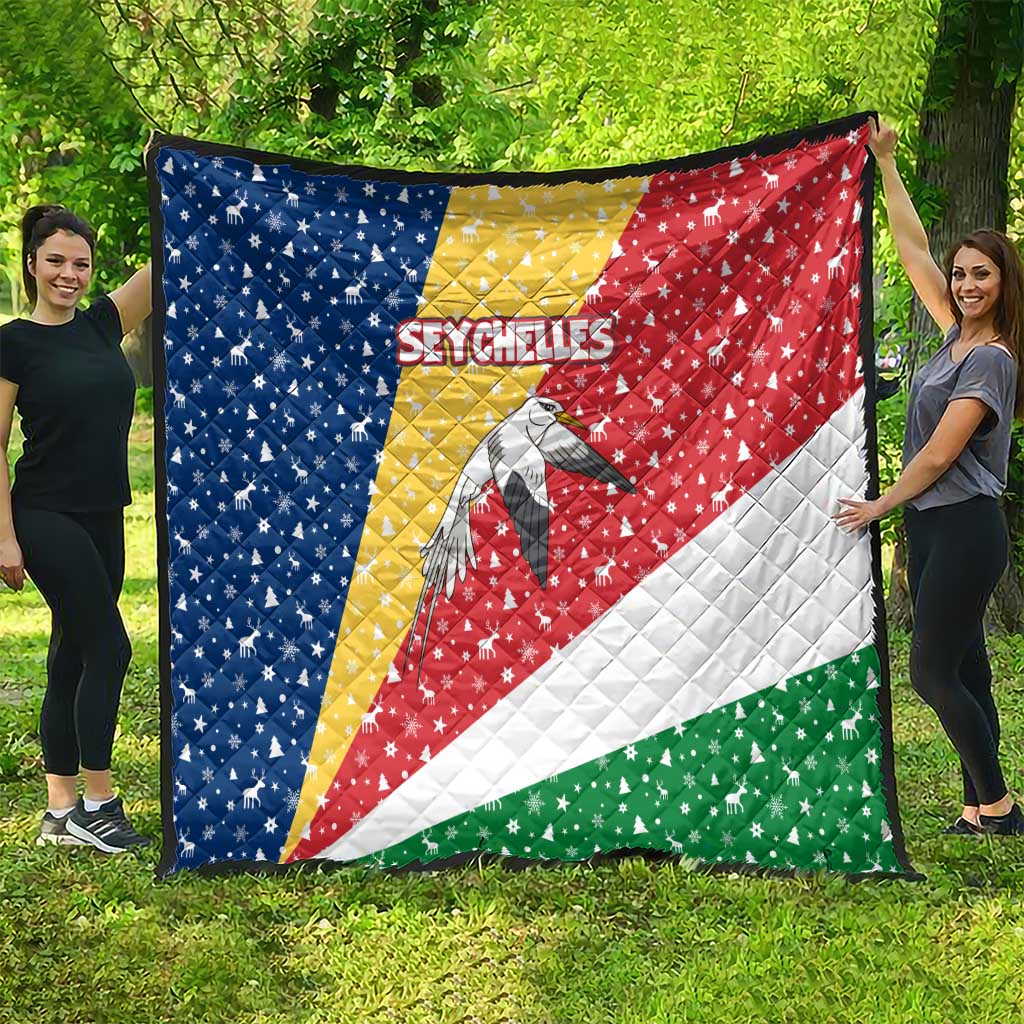 Seychelles Christmas Quilt with Flag Colors Pattern, Tropical Bird Motif, and National Coat of Arms - Wonder Print Shop