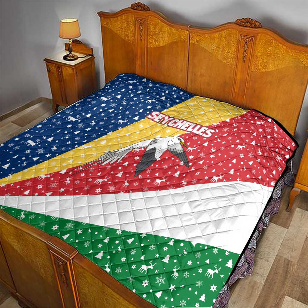 Seychelles Christmas Quilt with Flag Colors Pattern, Tropical Bird Motif, and National Coat of Arms - Wonder Print Shop