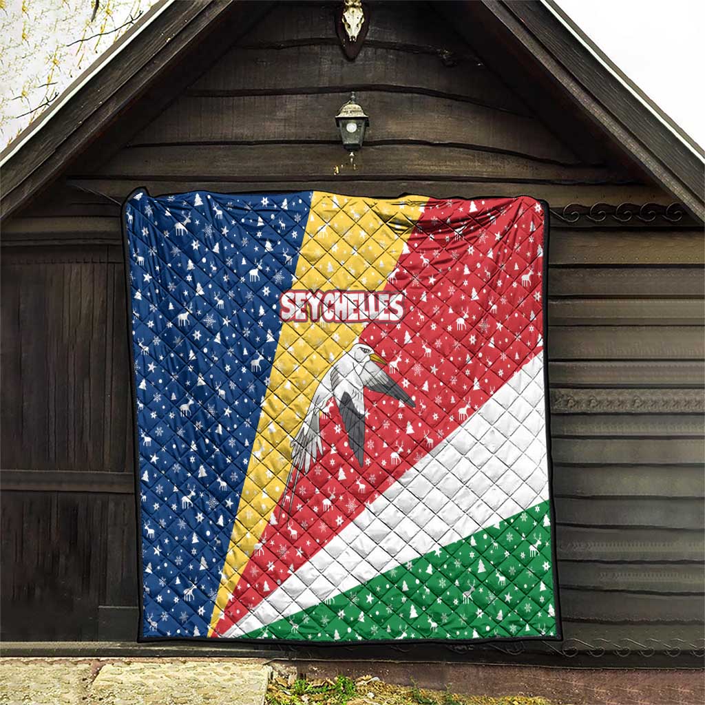 Seychelles Christmas Quilt with Flag Colors Pattern, Tropical Bird Motif, and National Coat of Arms - Wonder Print Shop
