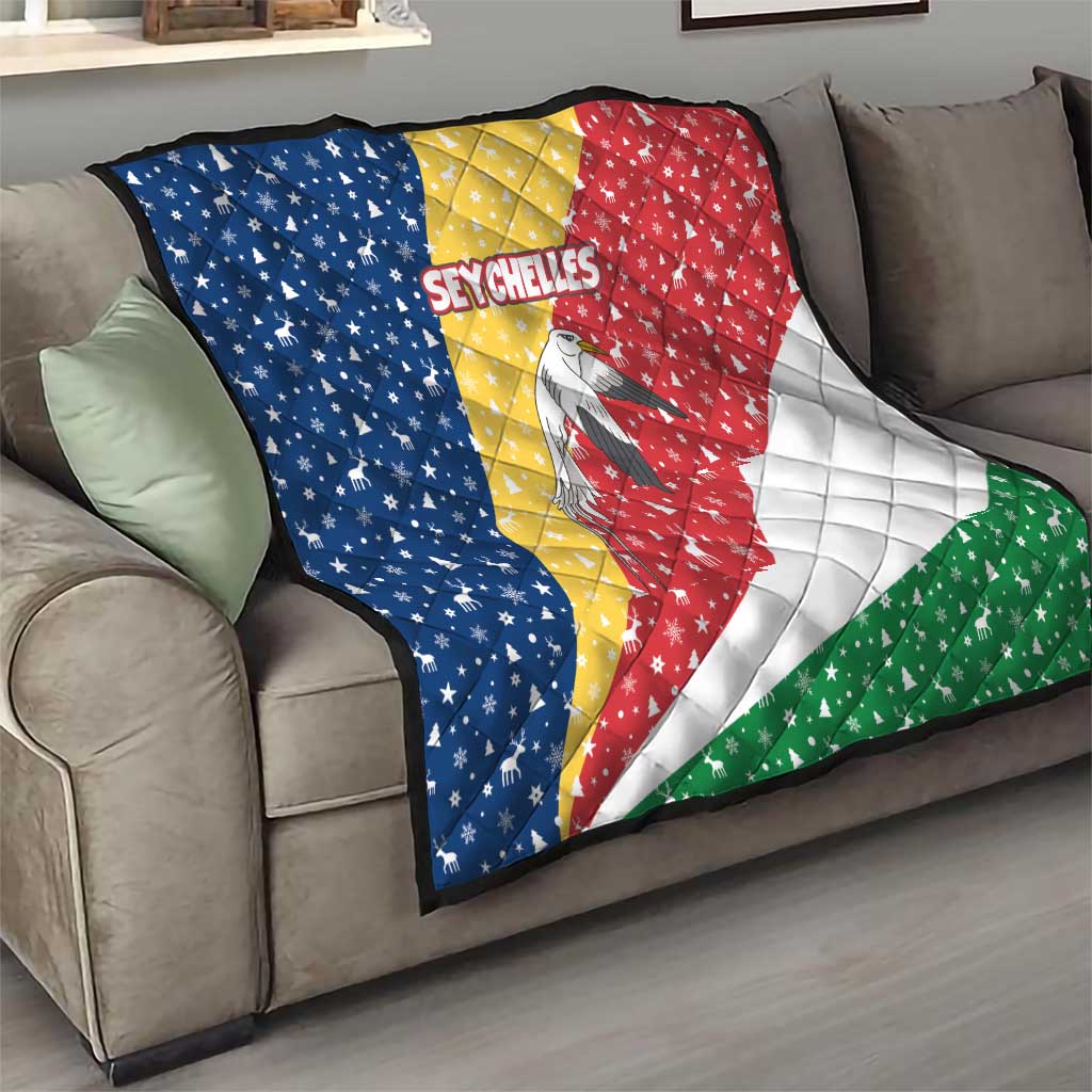 Seychelles Christmas Quilt with Flag Colors Pattern, Tropical Bird Motif, and National Coat of Arms - Wonder Print Shop