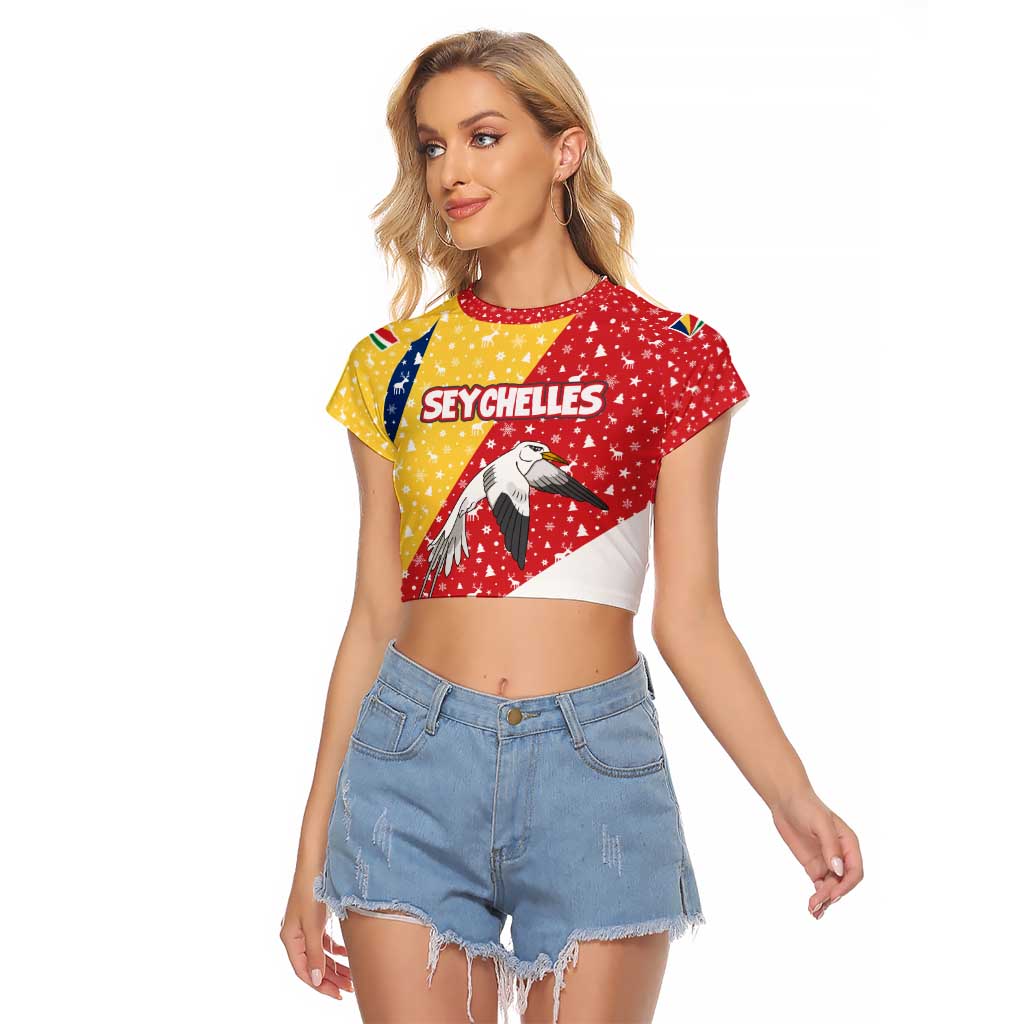 Seychelles Christmas Raglan Cropped T Shirt with Flag Colors Pattern, Tropical Bird Motif, and National Coat of Arms - Wonder Print Shop