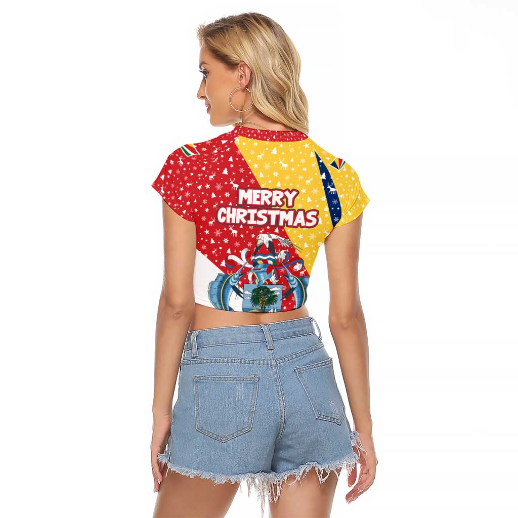 Seychelles Christmas Raglan Cropped T Shirt with Flag Colors Pattern, Tropical Bird Motif, and National Coat of Arms - Wonder Print Shop