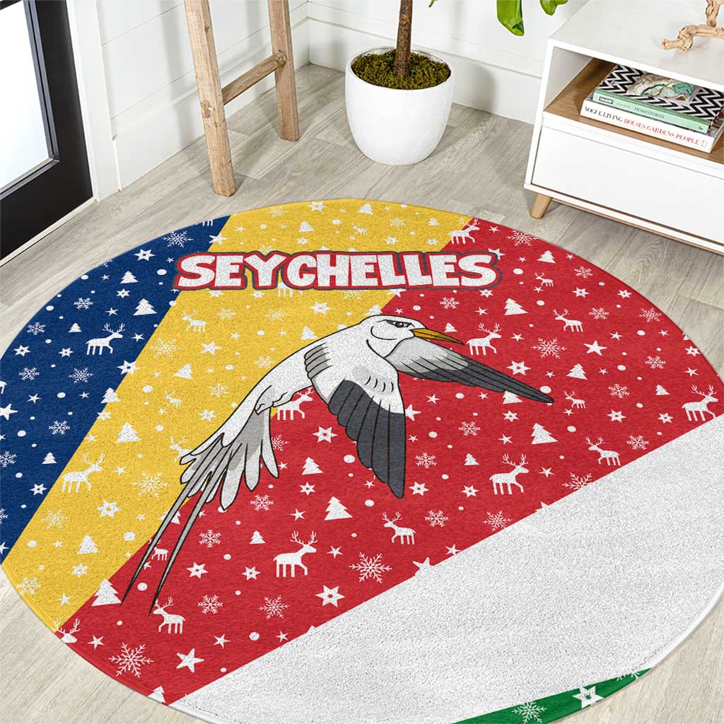 Seychelles Christmas Round Carpet with Flag Colors Pattern, Tropical Bird Motif, and National Coat of Arms - Wonder Print Shop