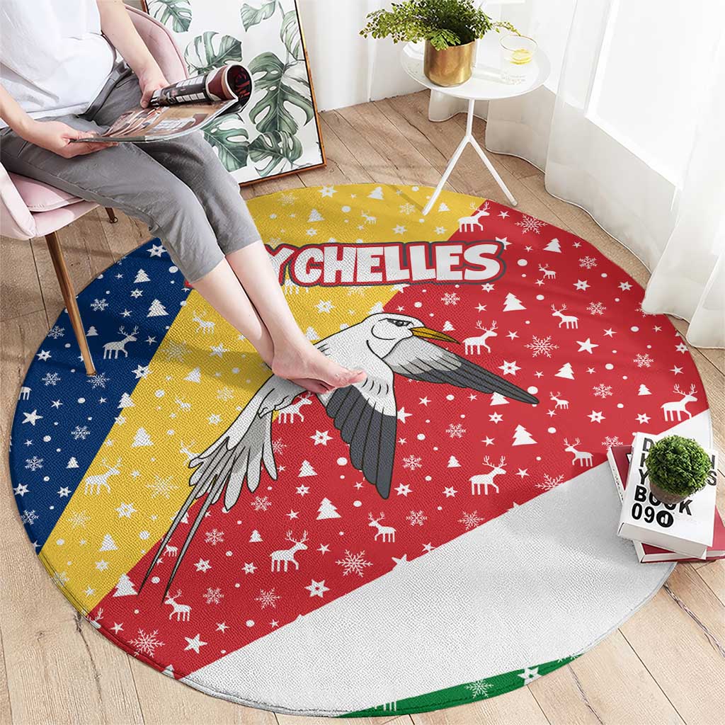 Seychelles Christmas Round Carpet with Flag Colors Pattern, Tropical Bird Motif, and National Coat of Arms - Wonder Print Shop
