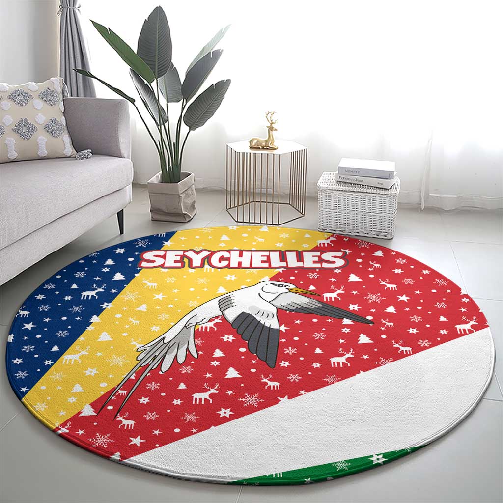 Seychelles Christmas Round Carpet with Flag Colors Pattern, Tropical Bird Motif, and National Coat of Arms - Wonder Print Shop
