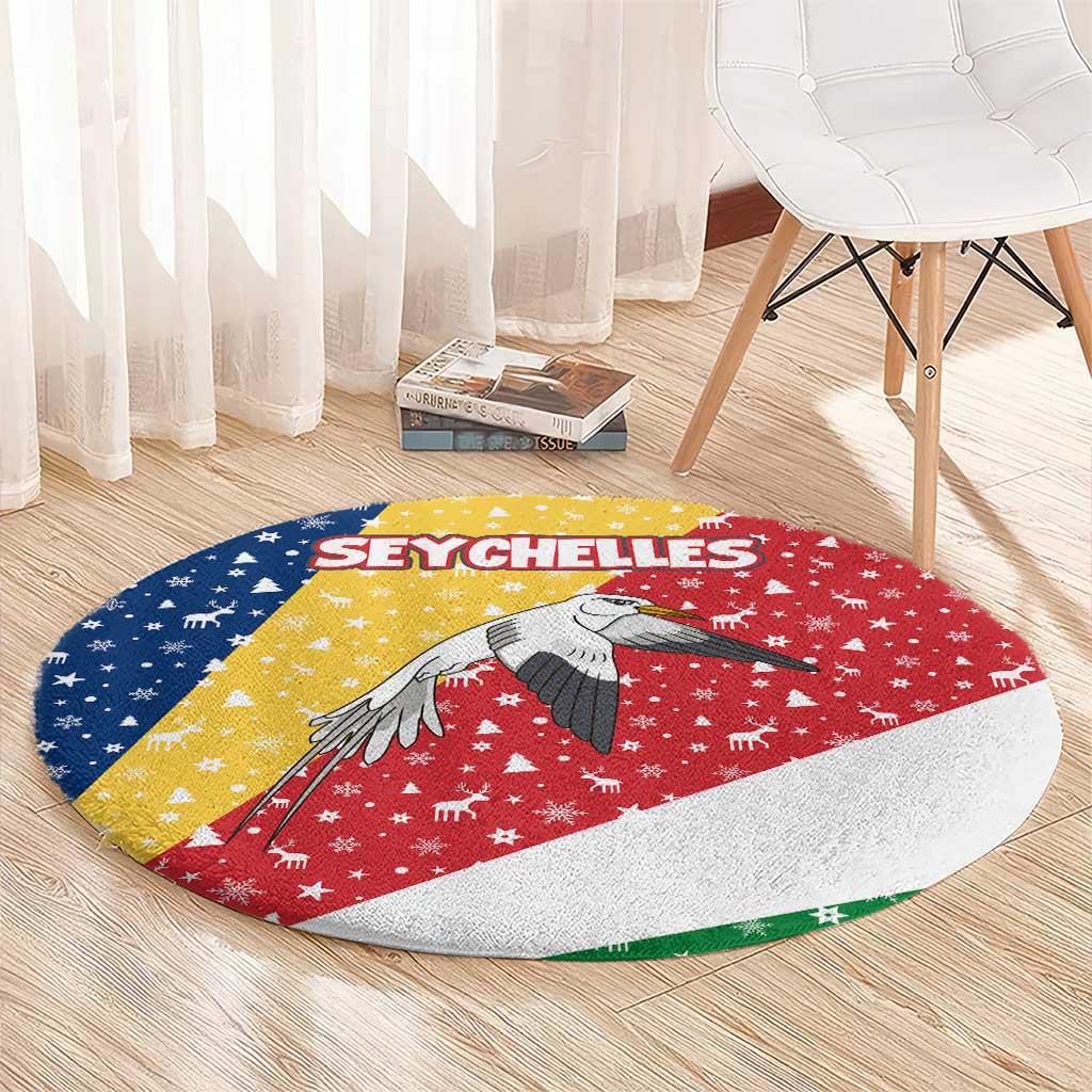 Seychelles Christmas Round Carpet with Flag Colors Pattern, Tropical Bird Motif, and National Coat of Arms - Wonder Print Shop