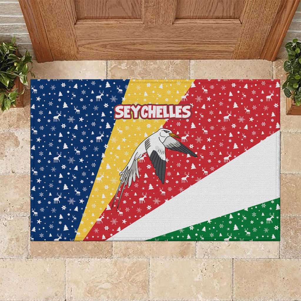 Seychelles Christmas Rubber Doormat with Flag Colors Pattern, Tropical Bird Motif, and National Coat of Arms - Wonder Print Shop