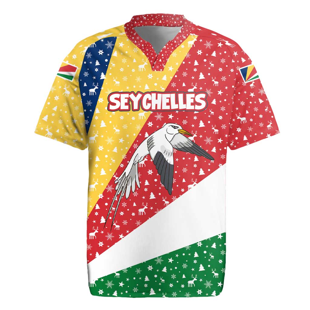 Seychelles Christmas Rugby Jersey with Flag Colors Pattern, Tropical Bird Motif, and National Coat of Arms - Wonder Print Shop