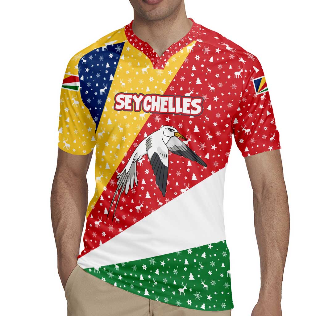 Seychelles Christmas Rugby Jersey with Flag Colors Pattern, Tropical Bird Motif, and National Coat of Arms - Wonder Print Shop