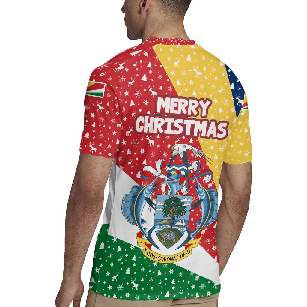Seychelles Christmas Rugby Jersey with Flag Colors Pattern, Tropical Bird Motif, and National Coat of Arms - Wonder Print Shop