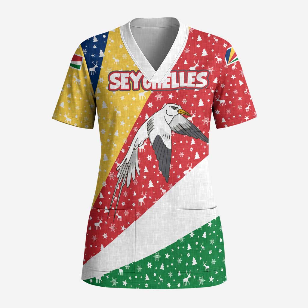 Seychelles Christmas Scrub Top with Flag Colors Pattern, Tropical Bird Motif, and National Coat of Arms - Wonder Print Shop