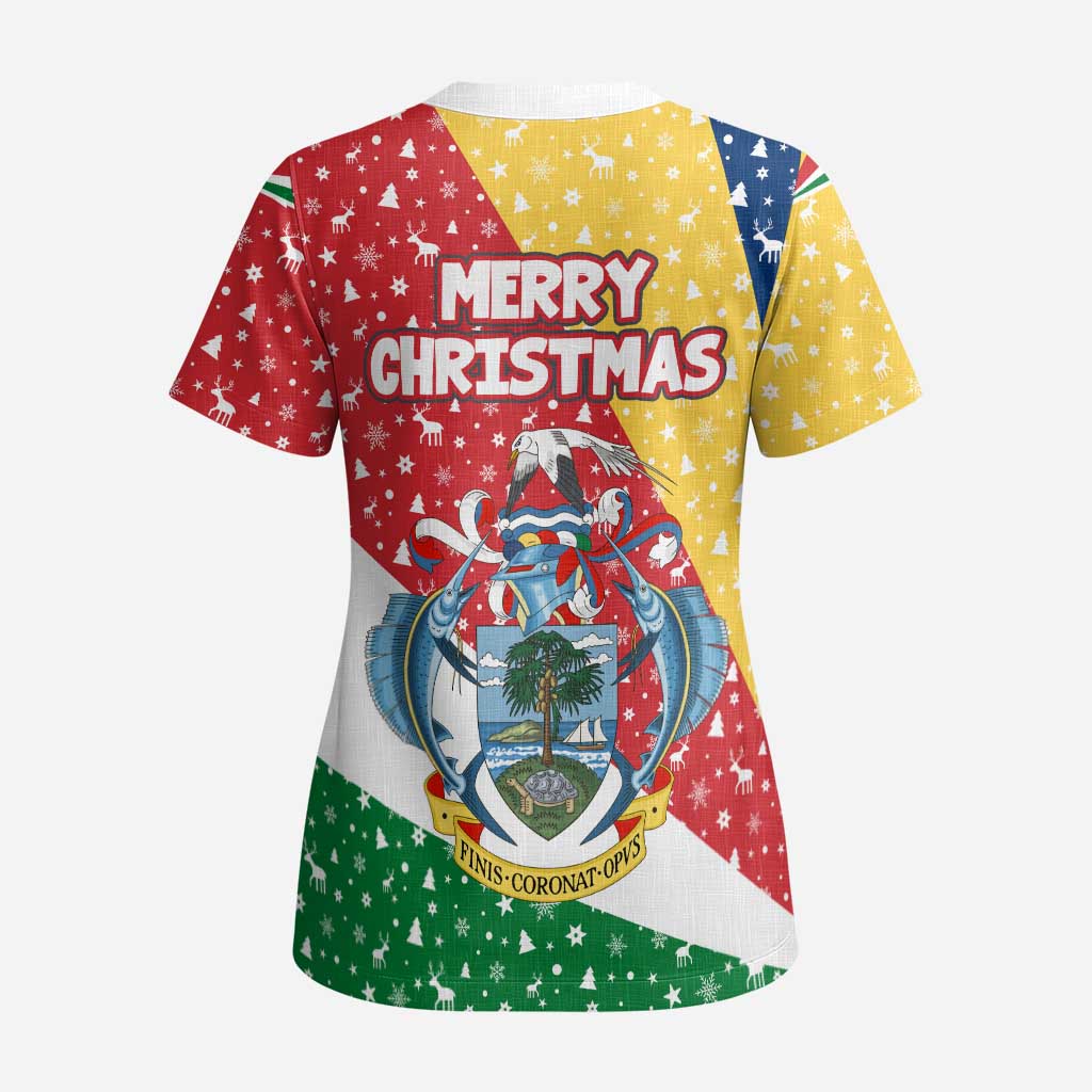 Seychelles Christmas Scrub Top with Flag Colors Pattern, Tropical Bird Motif, and National Coat of Arms - Wonder Print Shop