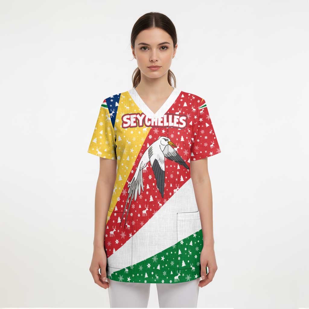 Seychelles Christmas Scrub Top with Flag Colors Pattern, Tropical Bird Motif, and National Coat of Arms - Wonder Print Shop