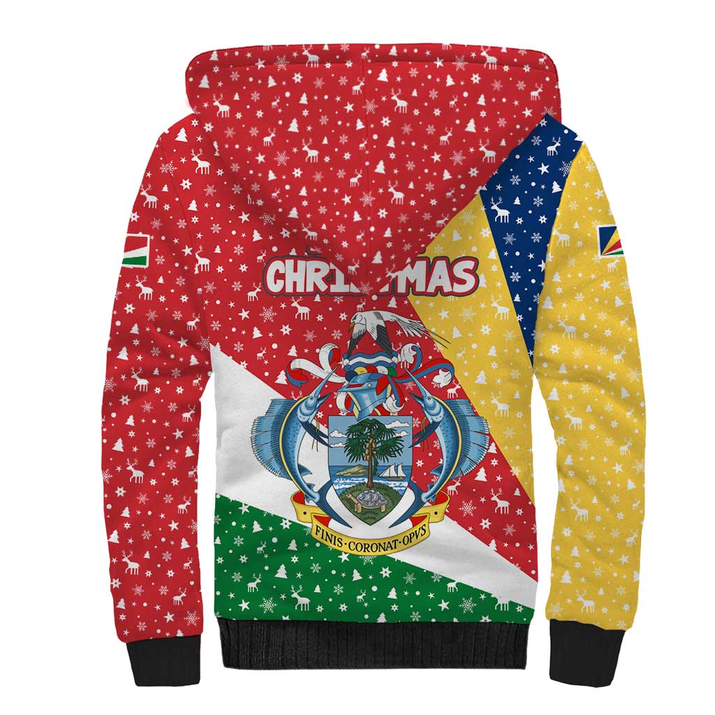 Seychelles Christmas Sherpa Hoodie with Flag Colors Pattern, Tropical Bird Motif, and National Coat of Arms - Wonder Print Shop