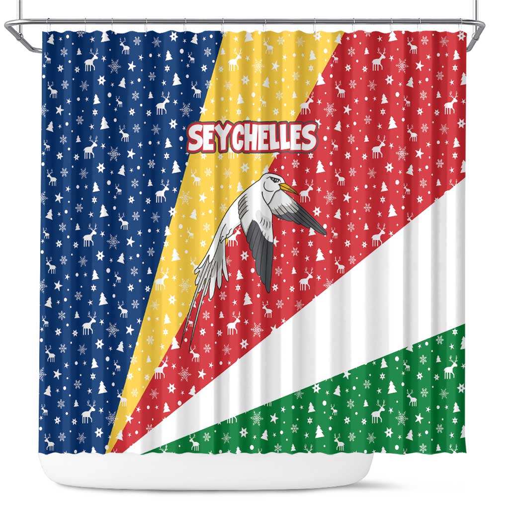Seychelles Christmas Shower Curtain with Flag Colors Pattern, Tropical Bird Motif, and National Coat of Arms - Wonder Print Shop