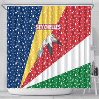 Seychelles Christmas Shower Curtain with Flag Colors Pattern, Tropical Bird Motif, and National Coat of Arms - Wonder Print Shop