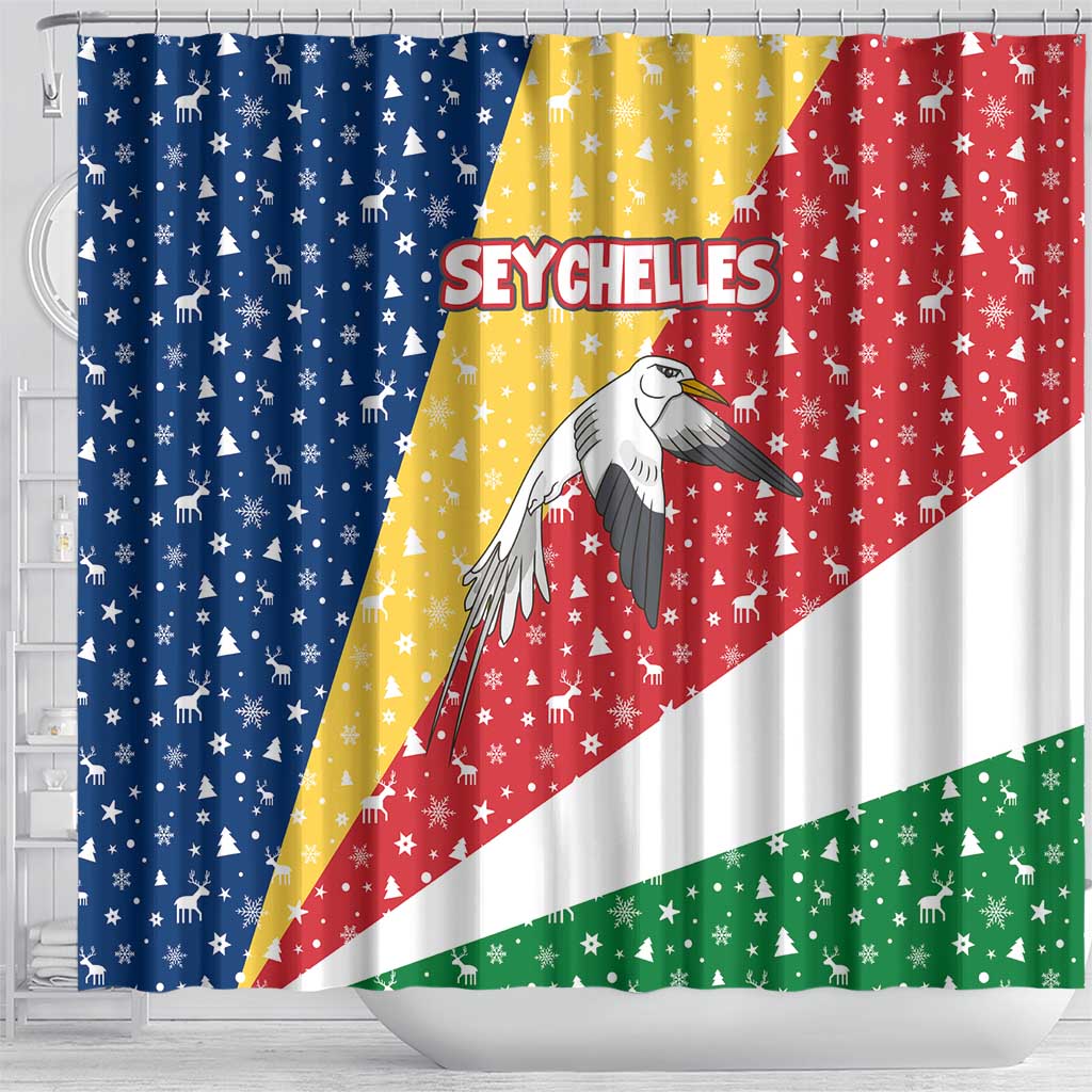 Seychelles Christmas Shower Curtain with Flag Colors Pattern, Tropical Bird Motif, and National Coat of Arms - Wonder Print Shop