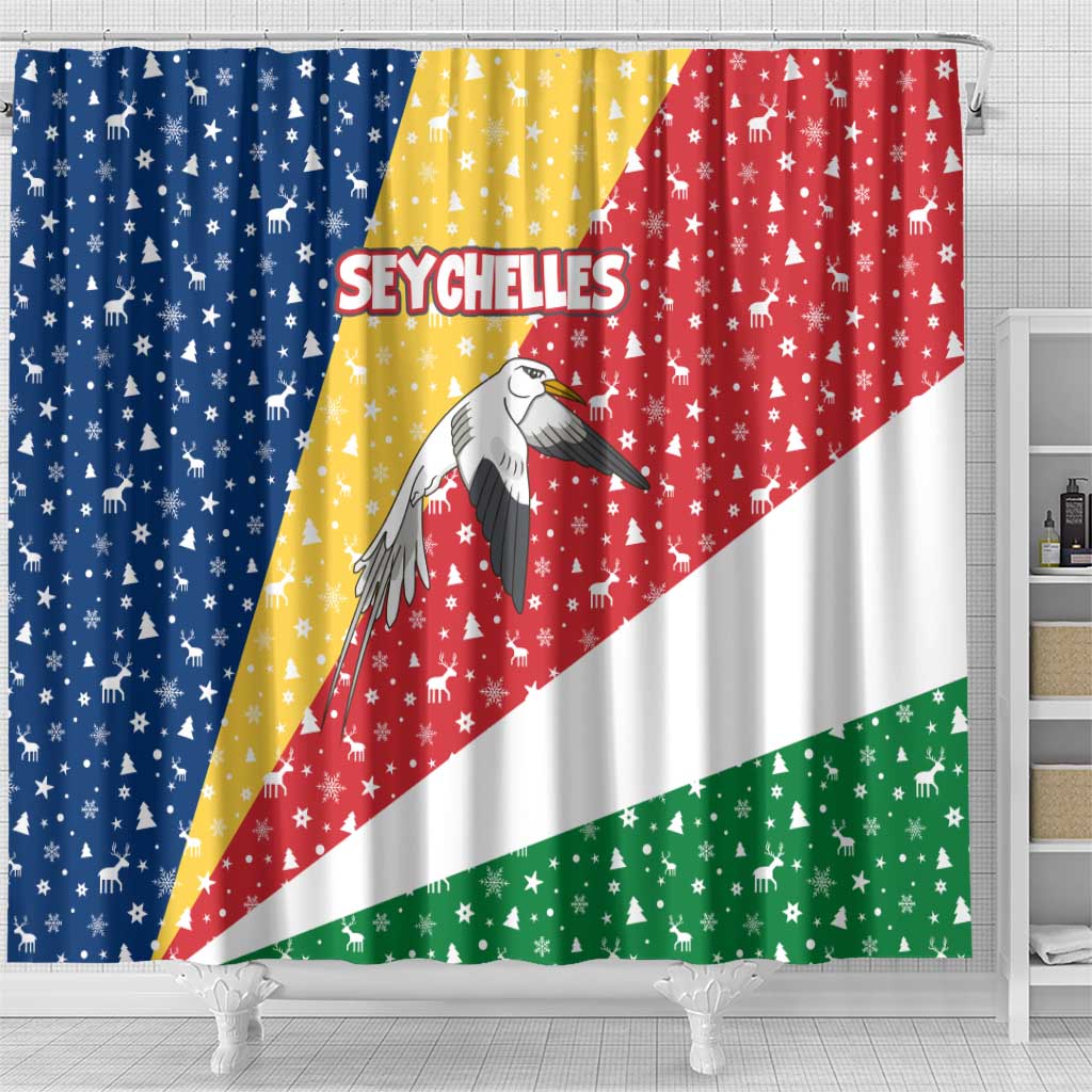 Seychelles Christmas Shower Curtain with Flag Colors Pattern, Tropical Bird Motif, and National Coat of Arms - Wonder Print Shop