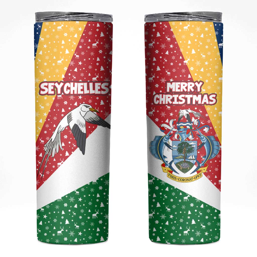 Seychelles Christmas Skinny Tumbler with Flag Colors Pattern, Tropical Bird Motif, and National Coat of Arms - Wonder Print Shop