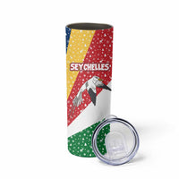 Seychelles Christmas Skinny Tumbler with Flag Colors Pattern, Tropical Bird Motif, and National Coat of Arms - Wonder Print Shop