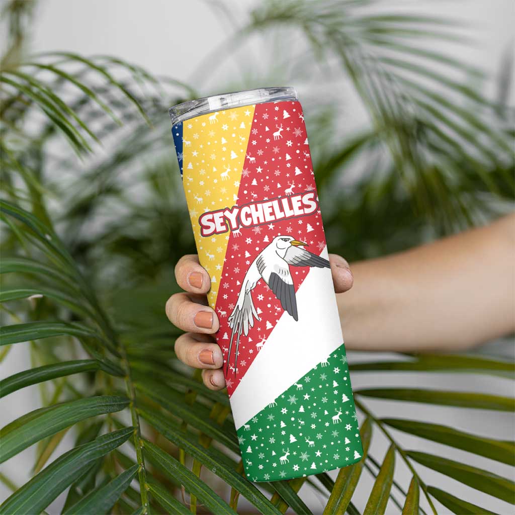 Seychelles Christmas Skinny Tumbler with Flag Colors Pattern, Tropical Bird Motif, and National Coat of Arms - Wonder Print Shop