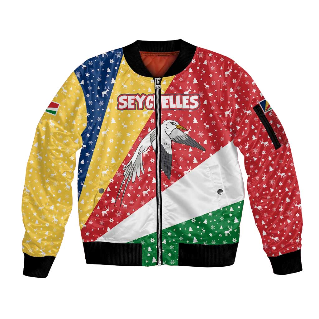 Seychelles Christmas Sleeve Zip Bomber Jacket with Flag Colors Pattern, Tropical Bird Motif, and National Coat of Arms - Wonder Print Shop