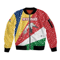 Seychelles Christmas Sleeve Zip Bomber Jacket with Flag Colors Pattern, Tropical Bird Motif, and National Coat of Arms - Wonder Print Shop