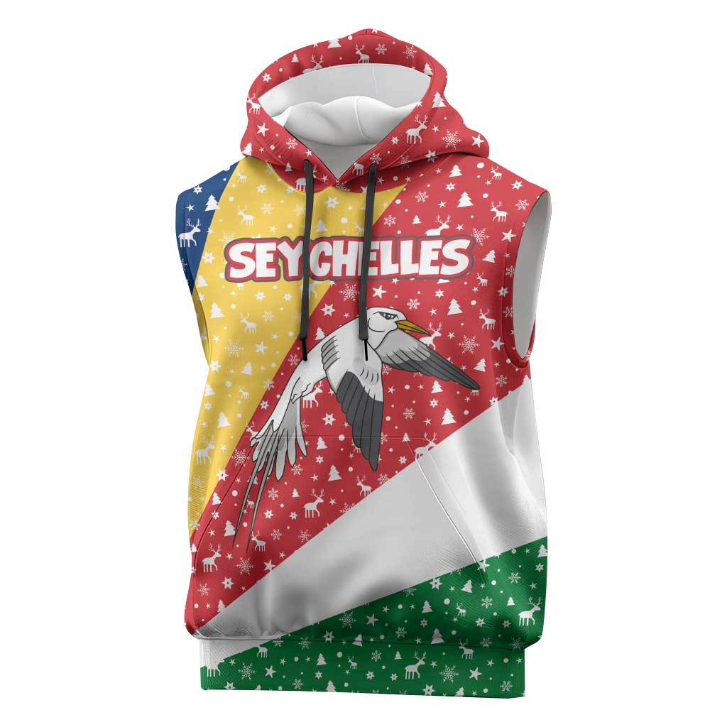 Seychelles Christmas Sleeveless Hoodie with Flag Colors Pattern, Tropical Bird Motif, and National Coat of Arms - Wonder Print Shop