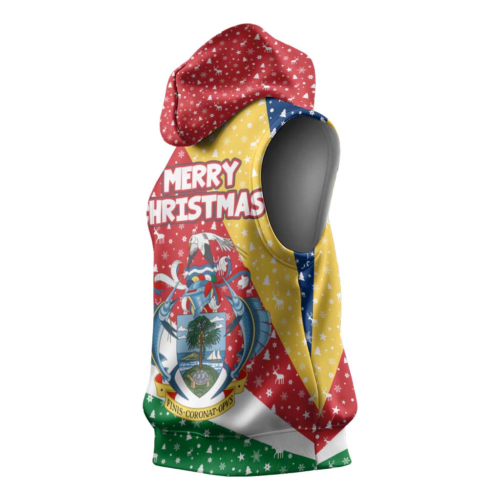 Seychelles Christmas Sleeveless Hoodie with Flag Colors Pattern, Tropical Bird Motif, and National Coat of Arms - Wonder Print Shop