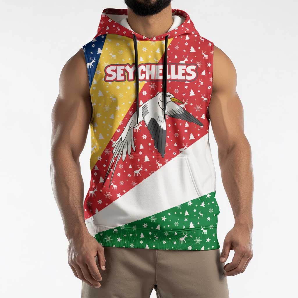 Seychelles Christmas Sleeveless Hoodie with Flag Colors Pattern, Tropical Bird Motif, and National Coat of Arms - Wonder Print Shop