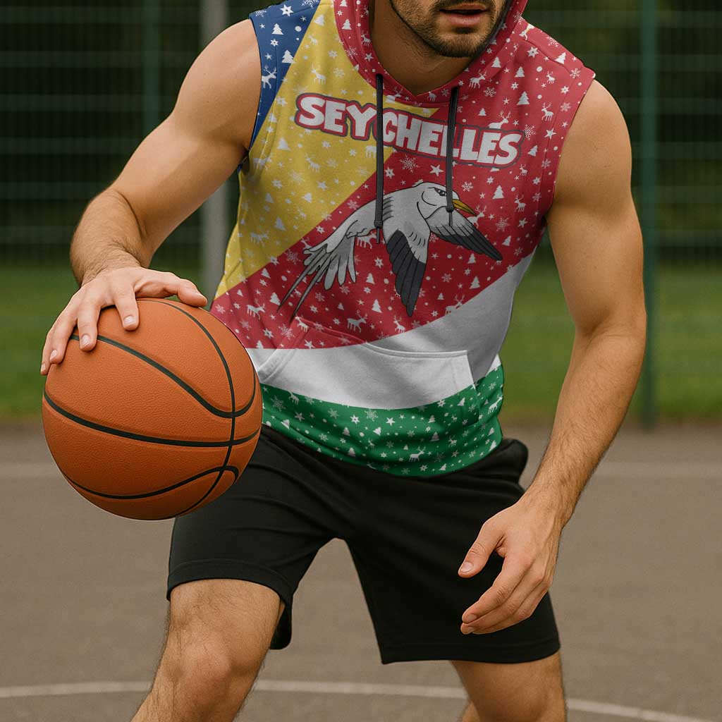 Seychelles Christmas Sleeveless Hoodie with Flag Colors Pattern, Tropical Bird Motif, and National Coat of Arms - Wonder Print Shop