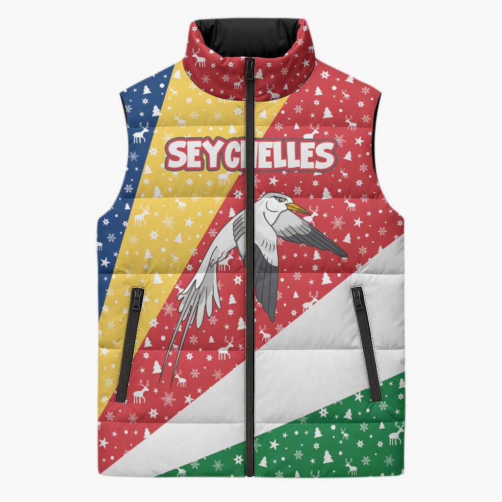 Seychelles Christmas Sleeveless Puffer Jacket with Flag Colors Pattern, Tropical Bird Motif, and National Coat of Arms - Wonder Print Shop