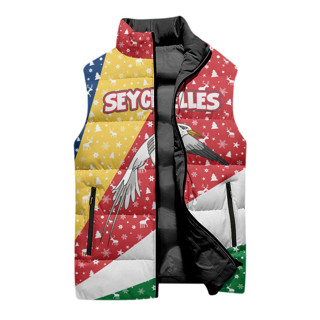 Seychelles Christmas Sleeveless Puffer Jacket with Flag Colors Pattern, Tropical Bird Motif, and National Coat of Arms - Wonder Print Shop