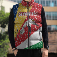 Seychelles Christmas Sleeveless Puffer Jacket with Flag Colors Pattern, Tropical Bird Motif, and National Coat of Arms - Wonder Print Shop