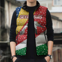 Seychelles Christmas Sleeveless Puffer Jacket with Flag Colors Pattern, Tropical Bird Motif, and National Coat of Arms - Wonder Print Shop