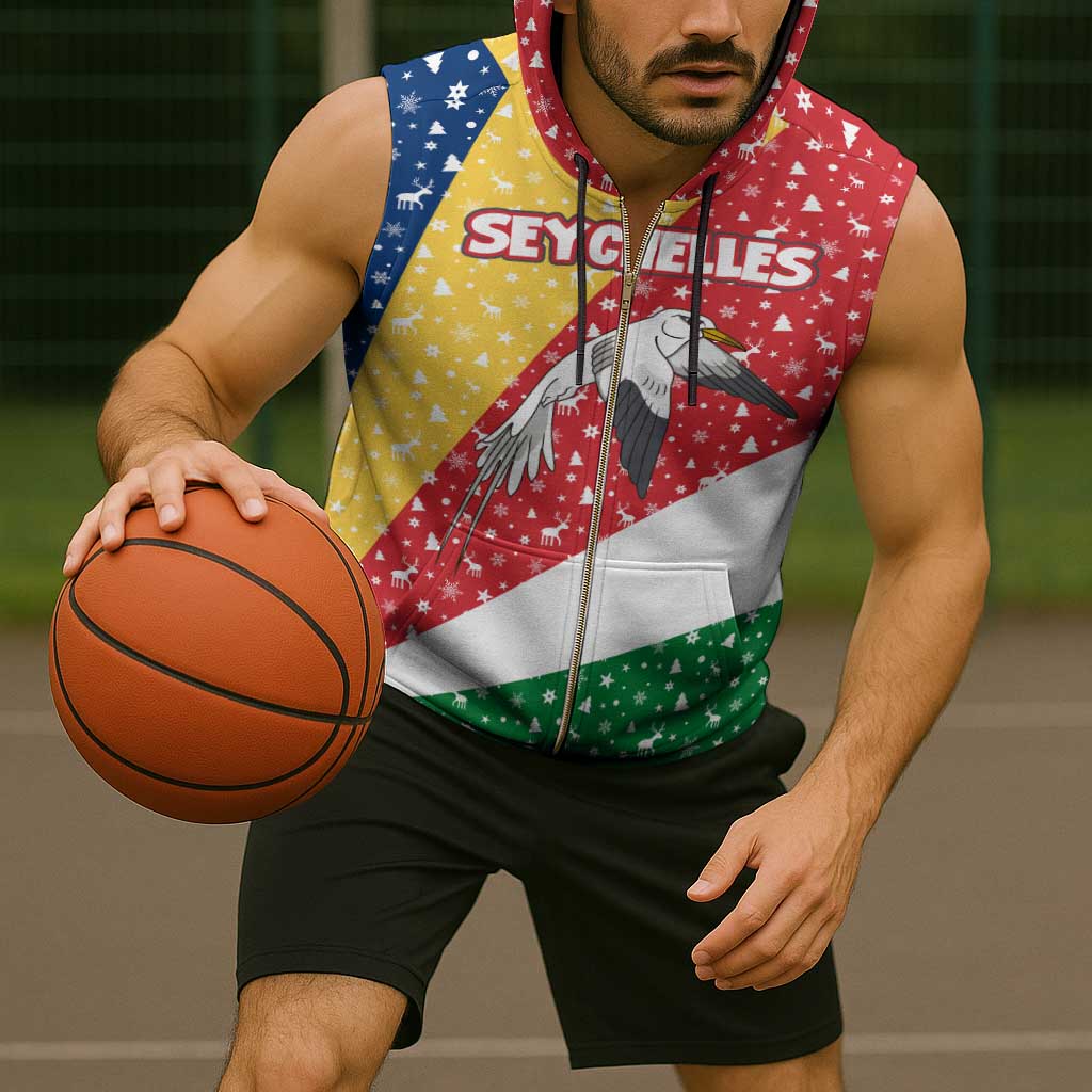 Seychelles Christmas Sleeveless Zip Hoodie with Flag Colors Pattern, Tropical Bird Motif, and National Coat of Arms - Wonder Print Shop