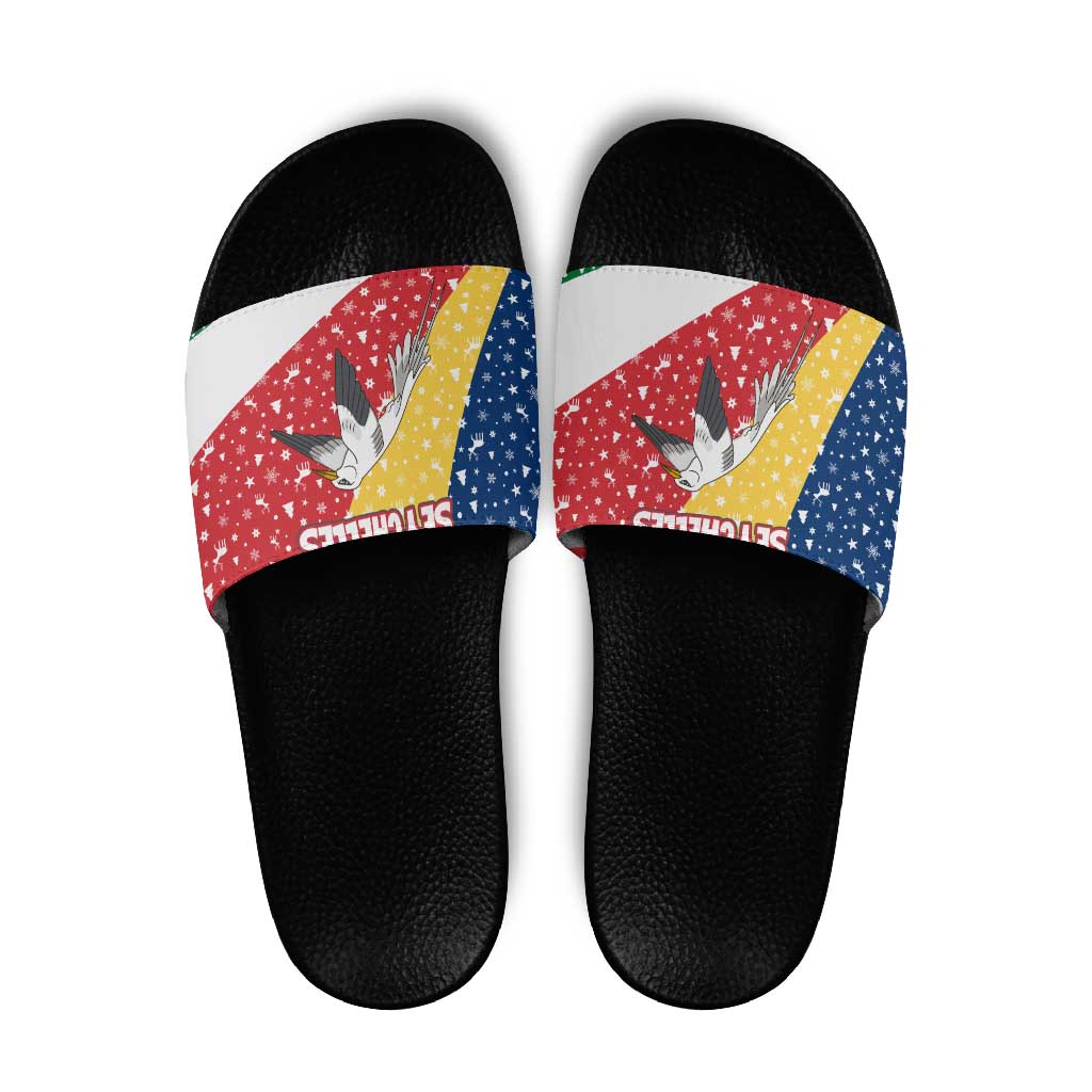 Seychelles Christmas Slide Sandals with Flag Colors Pattern, Tropical Bird Motif, and National Coat of Arms - Wonder Print Shop