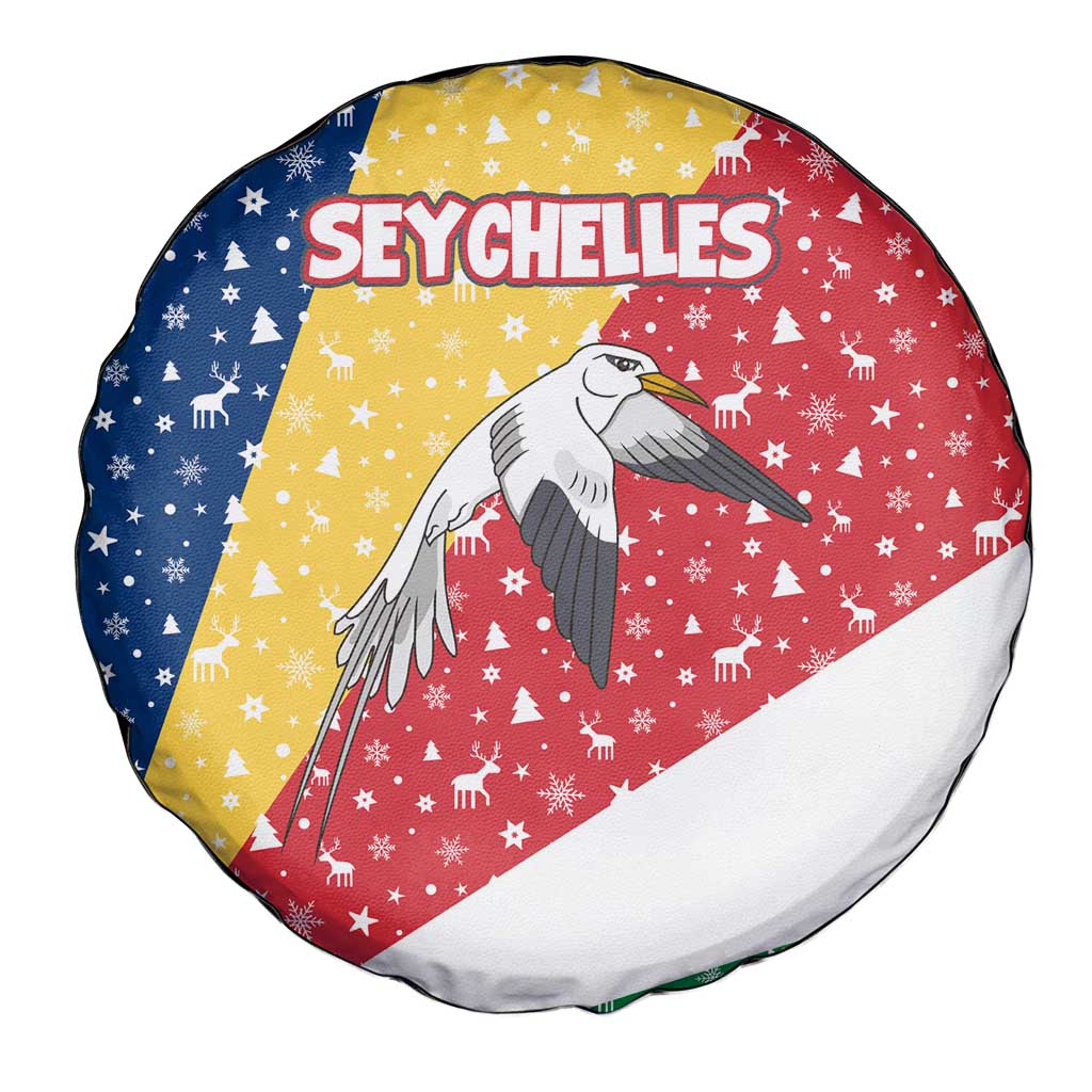 Seychelles Christmas Spare Tire Cover with Flag Colors Pattern, Tropical Bird Motif, and National Coat of Arms - Wonder Print Shop
