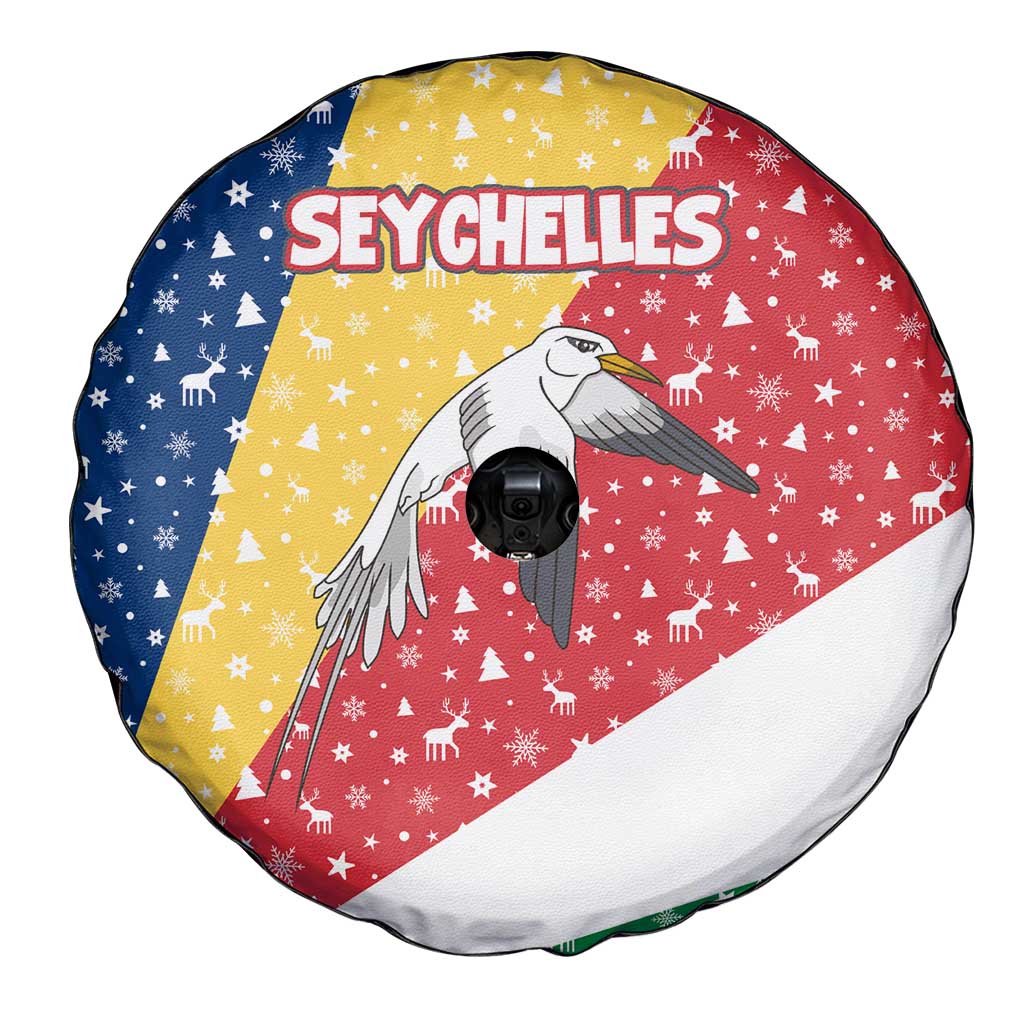 Seychelles Christmas Spare Tire Cover with Flag Colors Pattern, Tropical Bird Motif, and National Coat of Arms - Wonder Print Shop