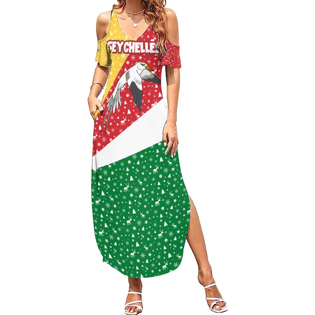 Seychelles Christmas Summer Maxi Dress with Flag Colors Pattern, Tropical Bird Motif, and National Coat of Arms - Wonder Print Shop